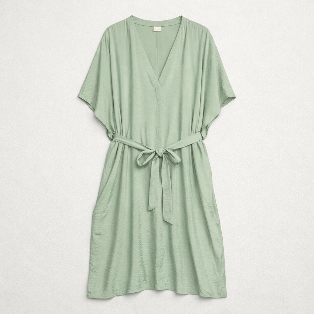 H&M Mint Green Kaftan Midi Dress XXL Belted V-Neck Short Sleeve‎
